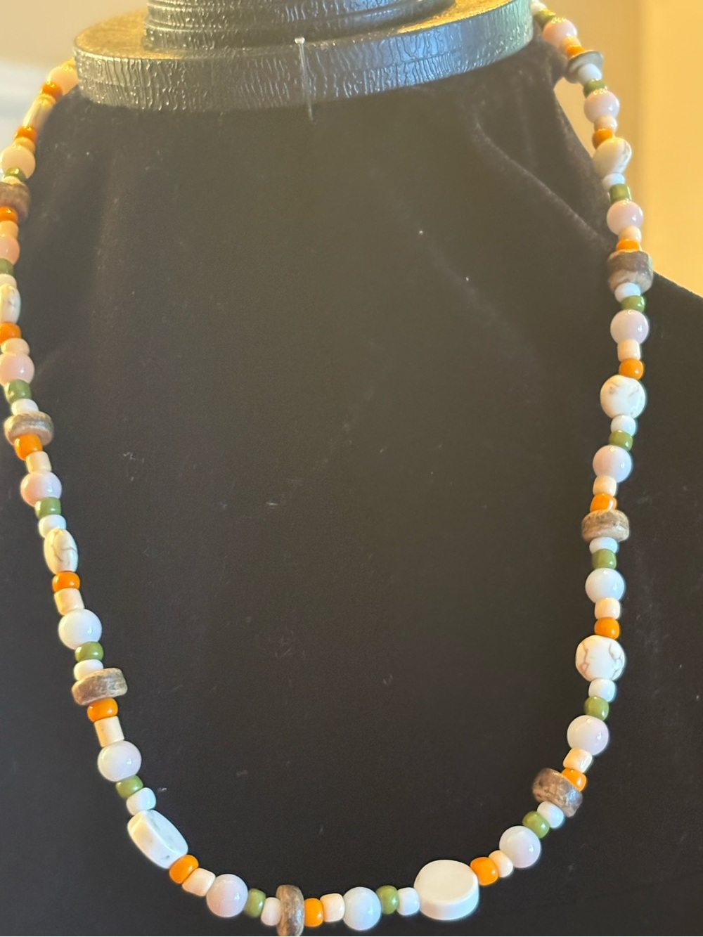Handmade Multicolor Beaded Necklace with White and Orange Accents